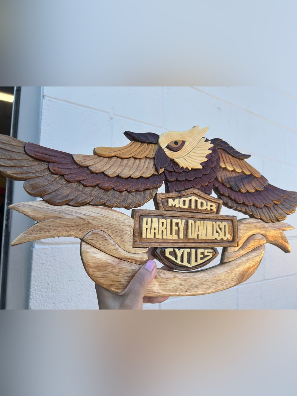 handcrafted wooden Harley-Davidson wall plaque featuring a detailed eagle art